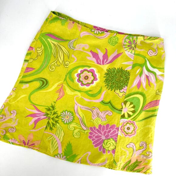 Vintage 90s Linen Blend Retro Floral Psychedelic Skirt Yellow Size 14 - Picture 1 of 8